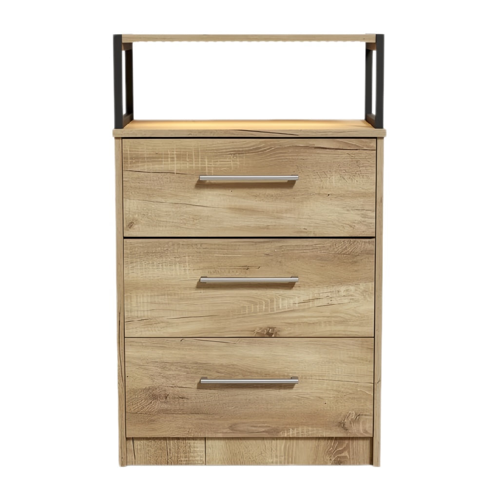 Modern ladekast met drie lades en houten afwerking